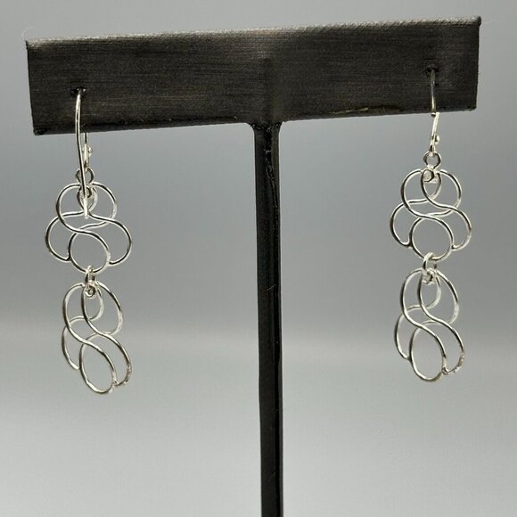 Sterling Silver Dangle Earrings Openwork Swirl Design Lightweight 925 Pierced - Picture 4 of 10
